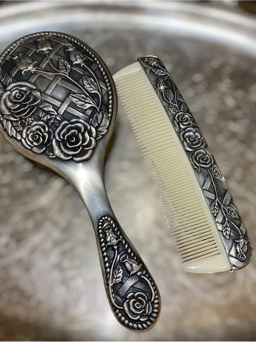 Vintage Silver Floral Vanity Set with Brush and Comb